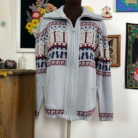 Vintage Grandpa Cardigan, 1970s Gray Zip Front Turtleneck Sweater Sz L - Picture 5 of 11
